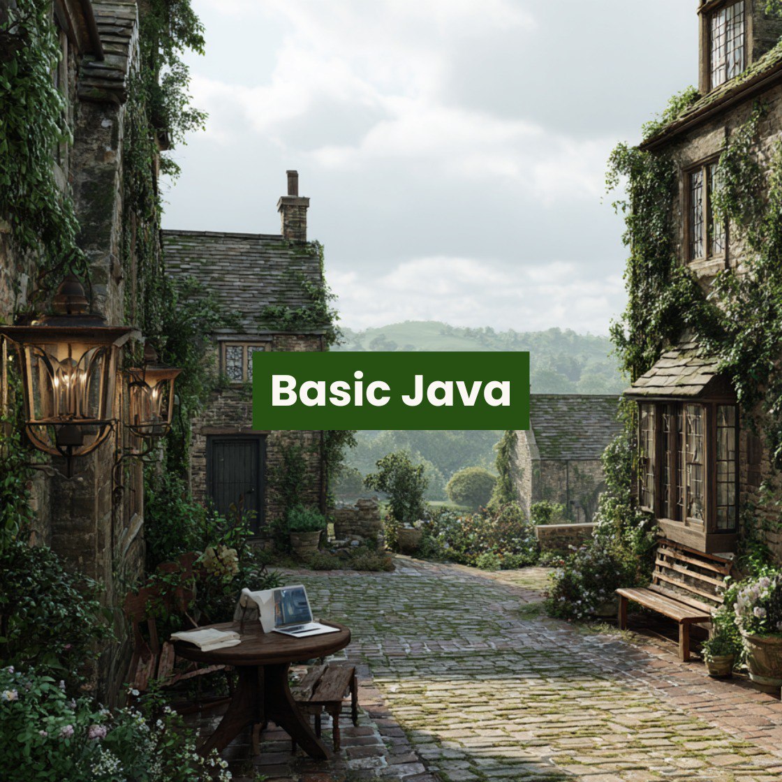 Course cover, where are streetscape of a quaint village with 'Basic Java' text overlay