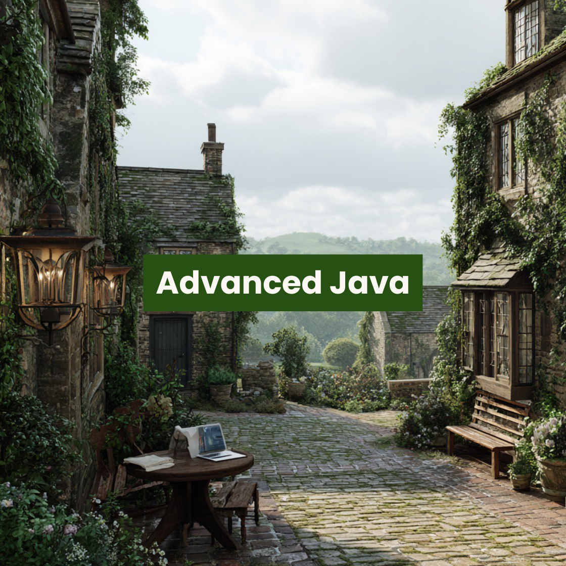Course cover, where are street scape of a quaint village with 'Advanced Java' text overlay
