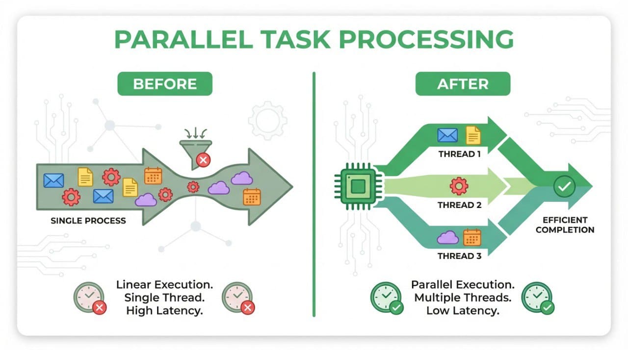 Diagram comparing parallel task processing before and after using multiple threads.