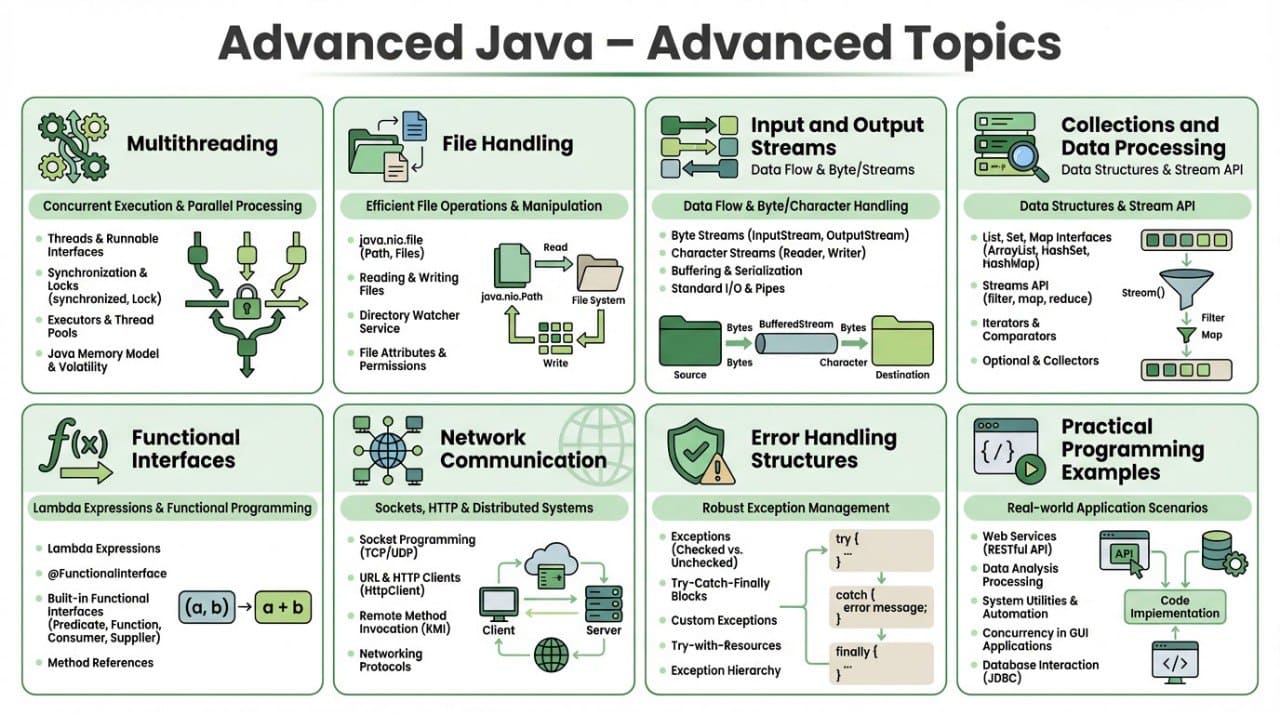 Diagram of advanced Java topics with various subtopics listed.