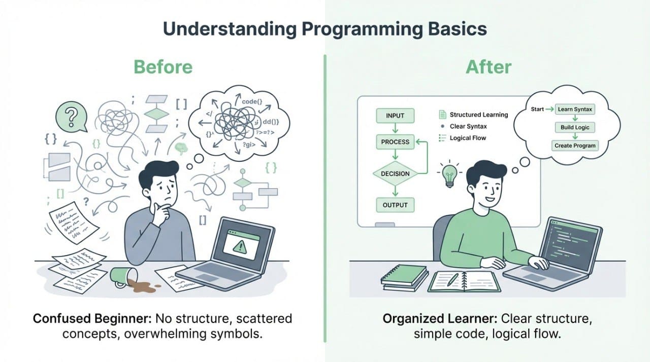 Comparison of a confused beginner and an organized learner understanding programming basics.