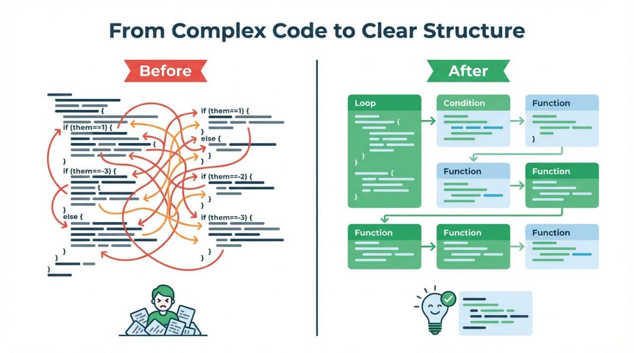 Comparison of complex code before and after simplification with clear structure.