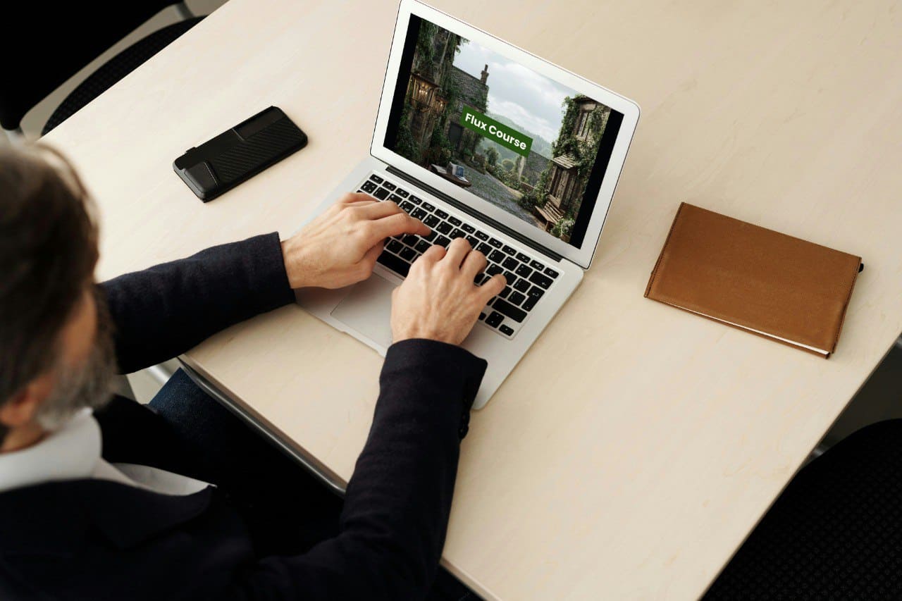 Person using a laptop on a desk with a phone and notebook nearby