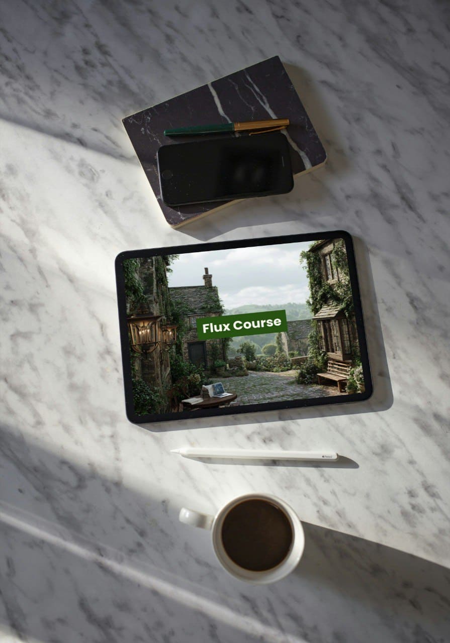 Tablet displaying a 'Flux Course' on a marble surface with a cup of coffee and phone.