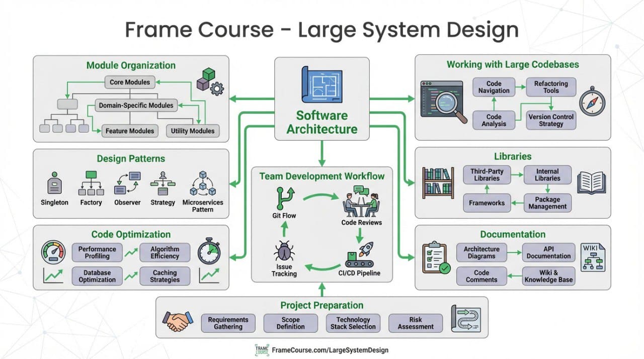 Diagram of large system design with various components and processes.