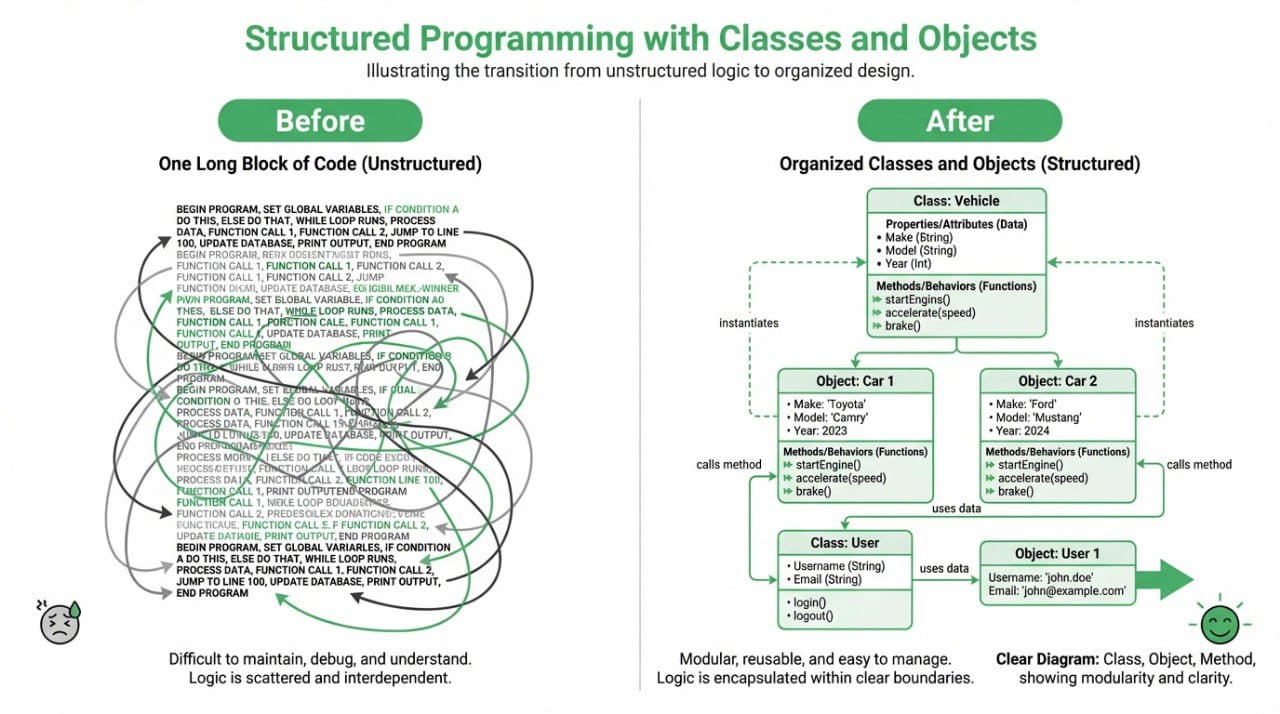 Diagram comparing unstructured code to structured programming with classes and objects.