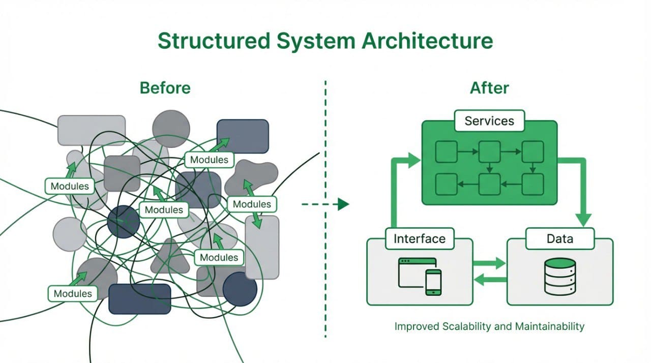 Comparison of a complex system architecture labeled 'Before' with a more structured and improved version labeled 'After'.