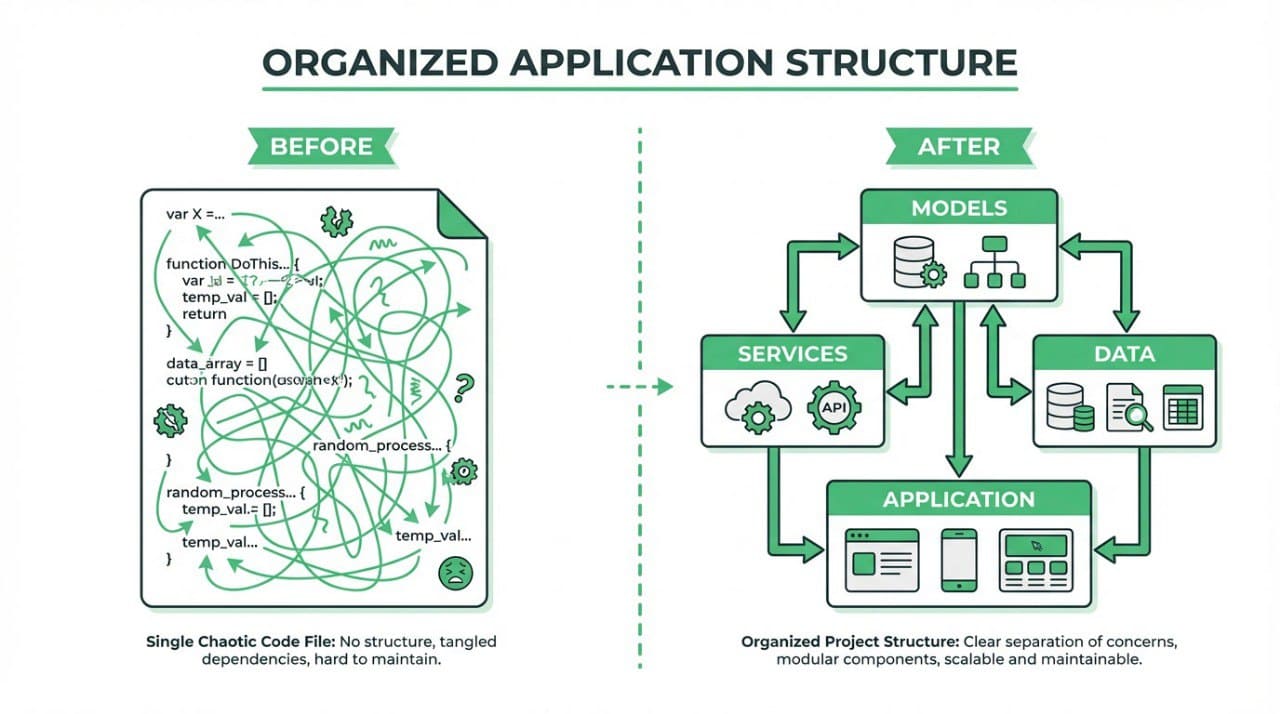 Diagram comparing an 'Before' and 'After' application structure with green text and icons.